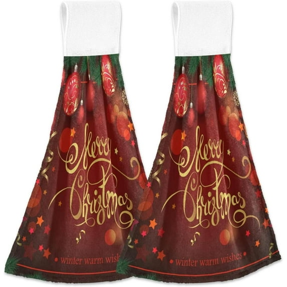 SKYSONIC 2 PCS Christmas Red Balls Hand Towels with Hanging Loop for Bathroom and Kitchen, Hanging Band Towel - Xmas New Year Star Kitchen Dish Cloth and Bathroom Hand Towels Set , 12"x17"