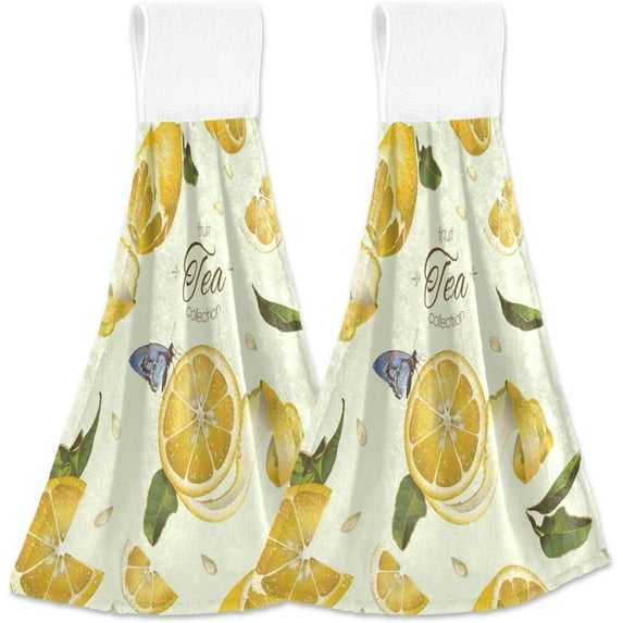 SKYSONIC 2 PCS Fruit Lemon Butterfly Hanging Kitchen Towels Absorbent Hanging Hand Towel, Cute Hand Towel with Hanging Loop, 12"x17"
