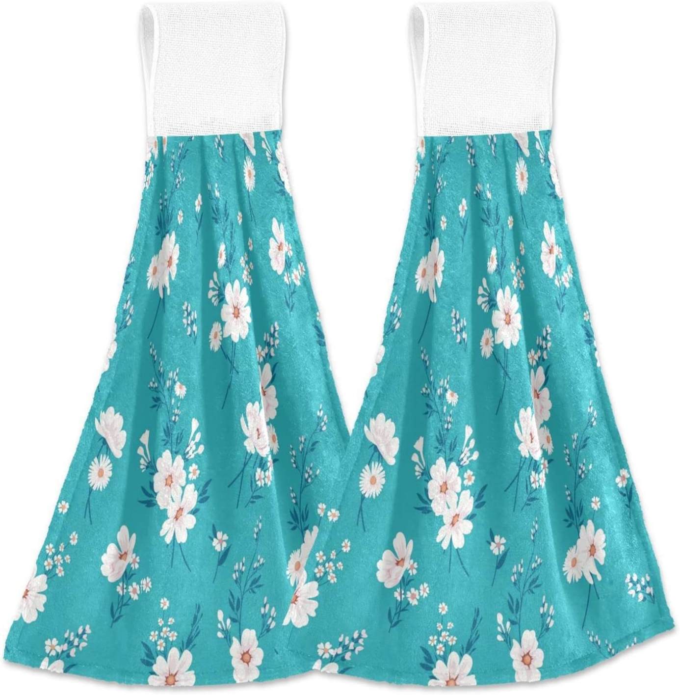 SKYSONIC 2 PCS Hanging Hand Towels Spring Turquoise Small Daisies