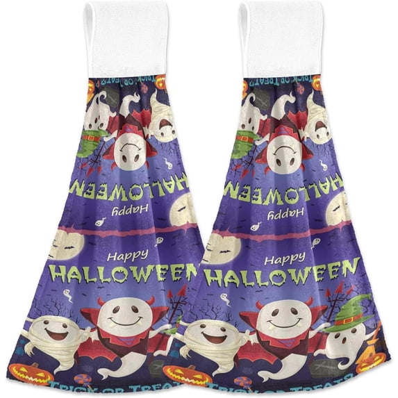 SKYSONIC 2 PCS Kitchen Towels with Hanging Loop, Vintage Halloween Ghost Dish Towels for Kitchen, Absorbent Kitchen Hand Towels , 12"x17"