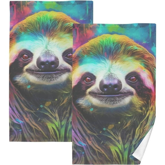 SKYSONIC 2 PCS Neon Color Sloth Bath Towels Set 16"x28", Cotton Face Towel Water Absorbent Lightweight Quickdry Hand Towels for Bathroom Ktichen Travel Gym