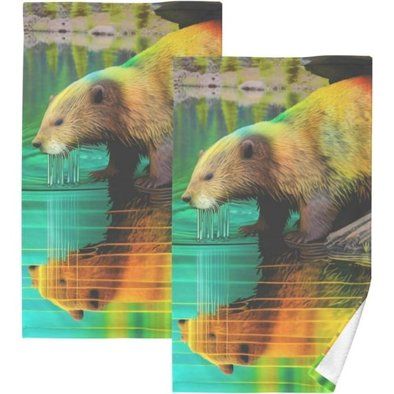 SKYSONIC 2 PCS Otter Neon Color Bath Towels Set 16"x28", Cotton Face Towel Water Absorbent Lightweight Quickdry Hand Towels for Bathroom Ktichen Travel Gym