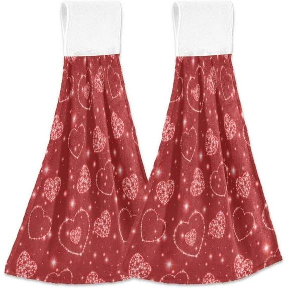 SKYSONIC 2 PCS Valentines Day Hanging Kitchen Hand Towels Tiny Sparkle Heart Red Buffalo Check Plaid Love Hearttulips Flower Truck Valentine Kitchen Wears Hanging Tie Towels Dishcloths Sets