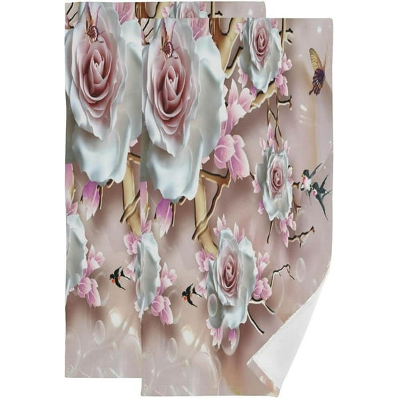 SKYSONIC 2 Pack 3D Pink Rose Flowers Hand Towels, Spring Blossom Kitchen Towel Ultra Soft and Absorbent,Decorative Fingertip Face Towel for Bathroom Hotel, 28.3"x 14.4"