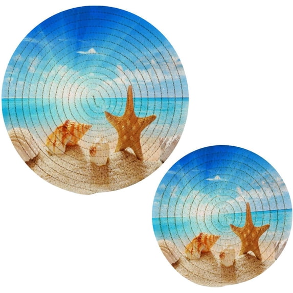 SKYSONIC 2 Pack Beach Sea Shell Starfish Trivet Mat Summer Seashell Pot Holders Set Hot Pads Potholder Cotton for Kitchen Weave Pot Mat Cooking Baking Decor Home