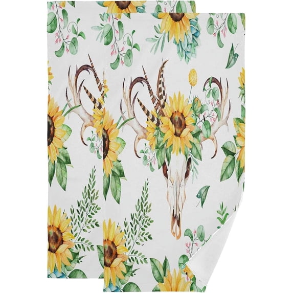 SKYSONIC 2 Pack Boho Deer Skull Sunflowers Hand Towels, Ultra Soft and Absorbent, Watercolor Fall Floral Decorative Fingertip Towel for Home, Bathroom, Kitchen, 28.3"x14.4"