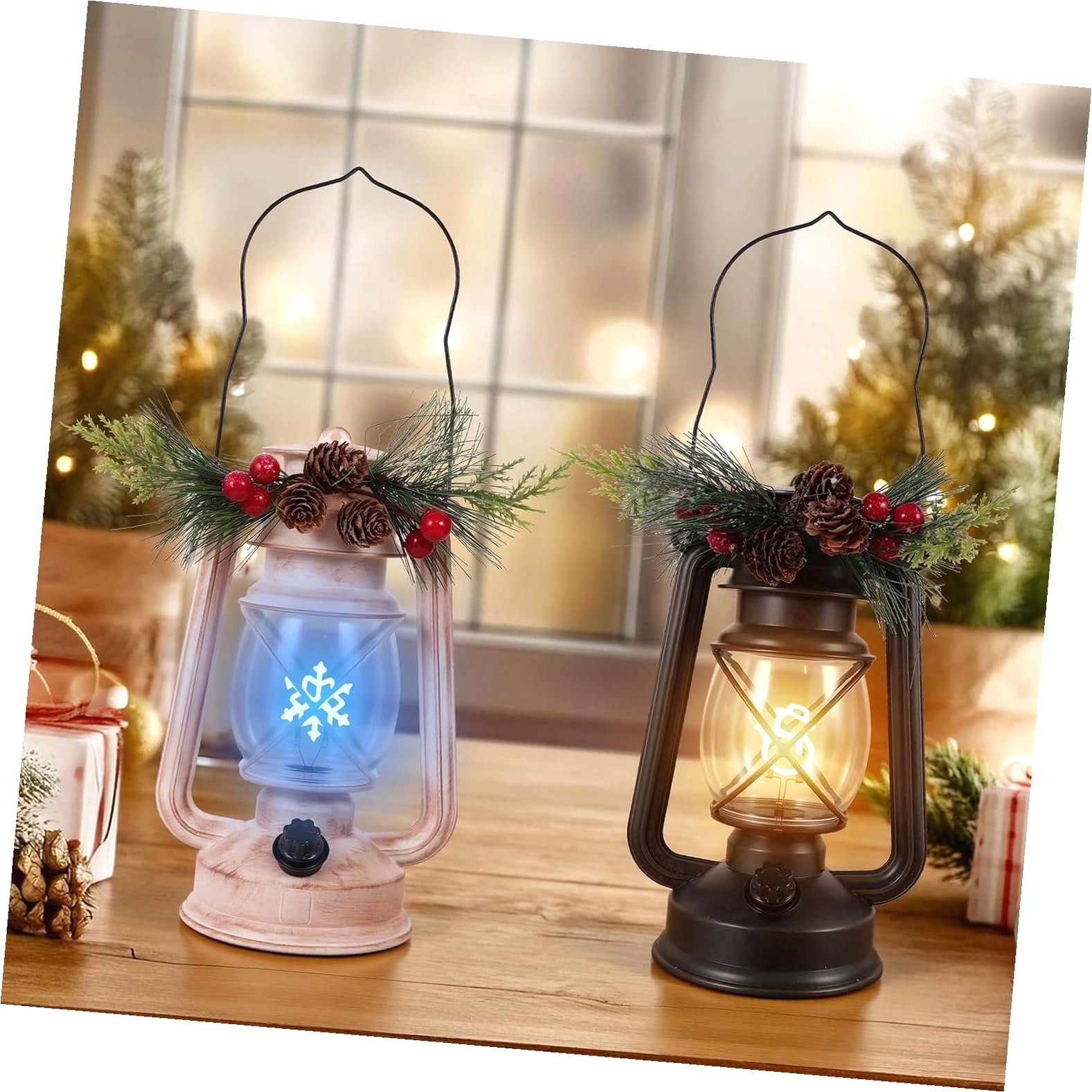 SKYSONIC 2 Pack Christmas Lanterns with Xmas Ornament Themed Light Wick — free download