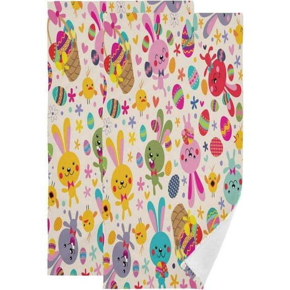 SKYSONIC 2 Pack Cute Buuny Egg Pattern Hand Towels, Colorful Easter Chicken Kitchen Towel Ultra Soft and Absorbent,Decorative Fingertip Face Towel for Bathroom Hotel, 28.3"x14.4"