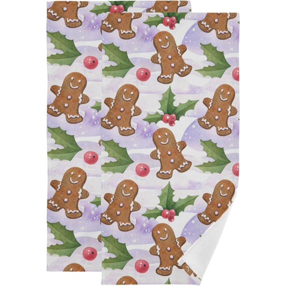 SKYSONIC 2 Pack Funny Gingerbread Man Hand Towels, Christmas Holly Kitchen Towel Ultra Soft and Absorbent,Decorative Fingertip Face Towel for Bathroom Hotel, 28.3"x 14.4"