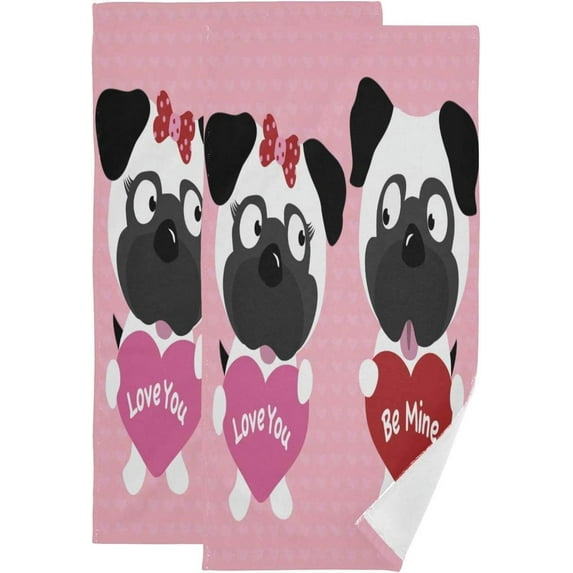 SKYSONIC 2 Pack Funny Pugs Hearts Hand Towels, Valentine Romantic Quote Kitchen Towel Ultra Soft and Absorbent,Decorative Fingertip Face Towel for Bathroom Hotel, 28.3"x14.4"