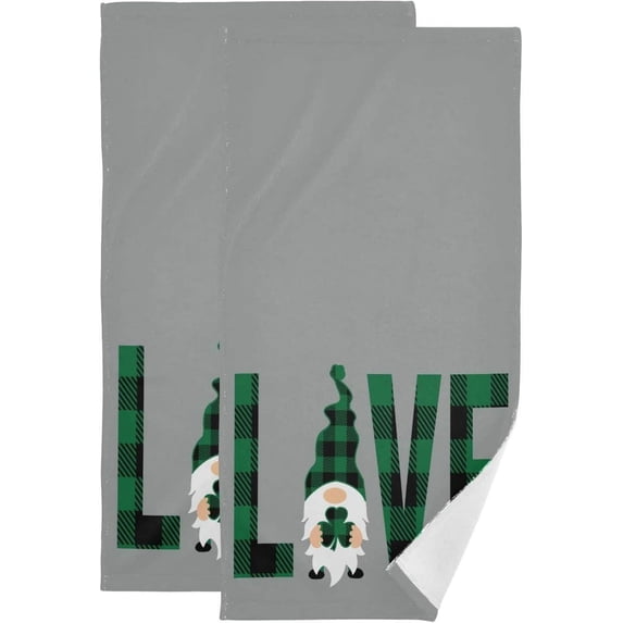 SKYSONIC 2 Pack Gnomes Patricks Love Shamrock Hand Towels, Ultra Soft and Absorbent, Buffalo Plaid Gnomes Decorative Fingertip Towel for Home, Bathroom, Kitchen, 28.3"x14.4"