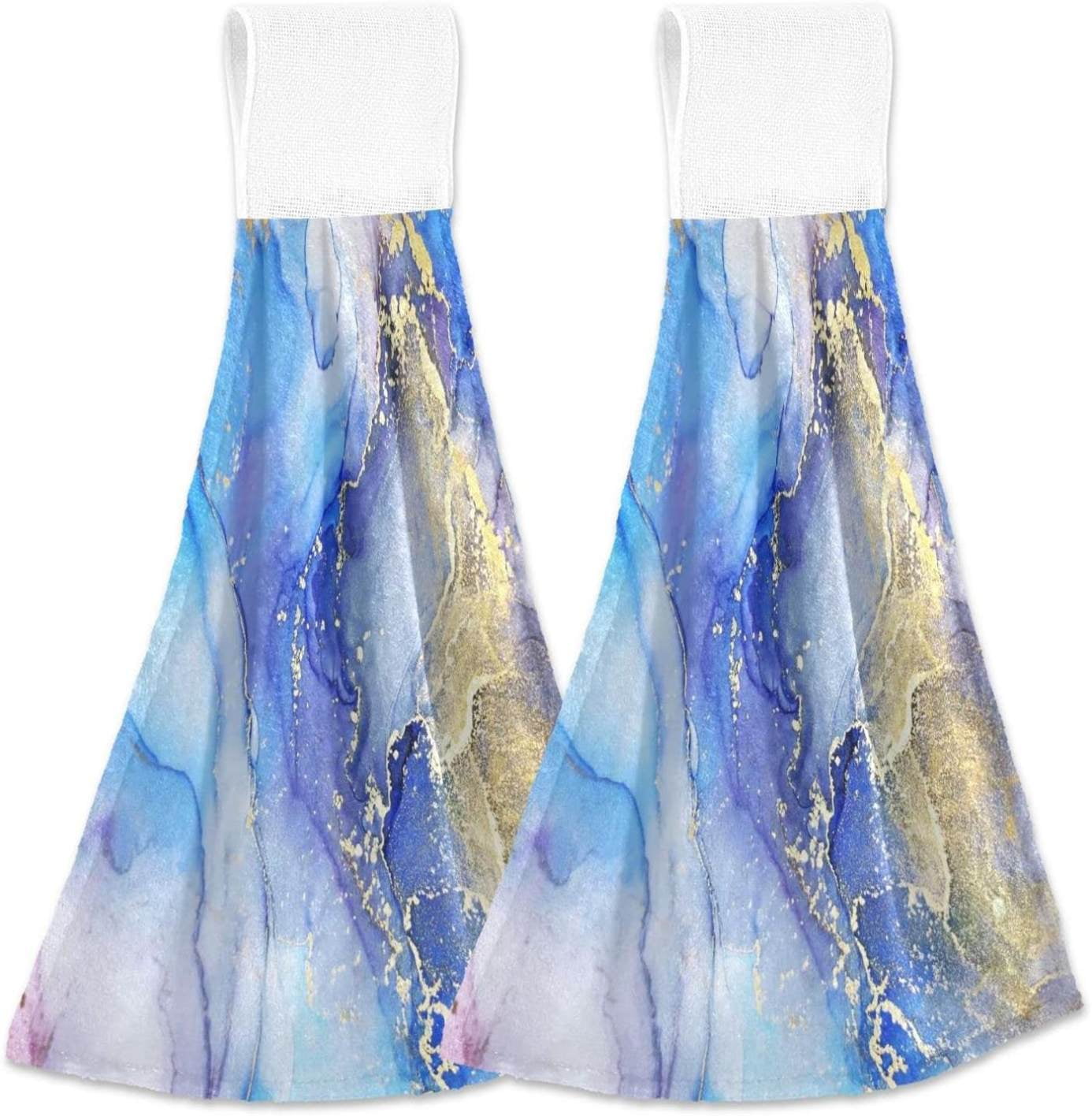 Set Of 2 Watercolor Floral Hanging Towels - 14x18 Inches, Coral Fleece, Absorbent, With Velcro Loop
