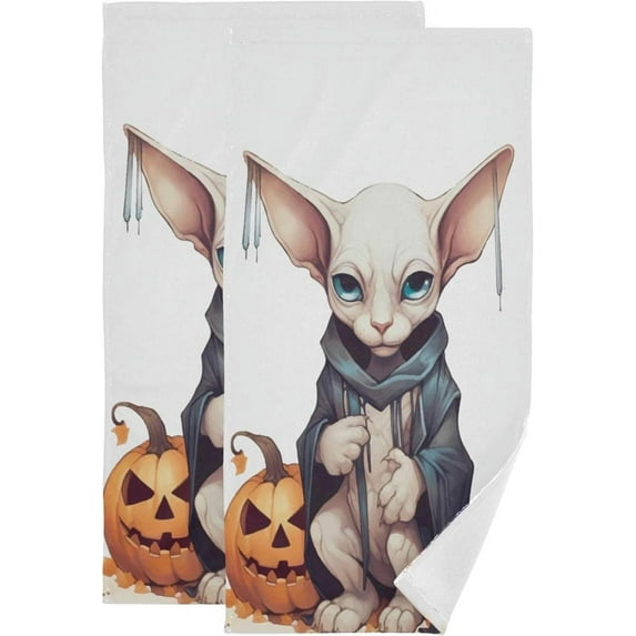 SKYSONIC 2 Pack Halloween Cat Hand Towels, Ultra Soft and Absorbent, Jack-o'-Lantern Decorative Fingertip Towel for Home, Bathroom, Kitchen, 28.3"x14.4"