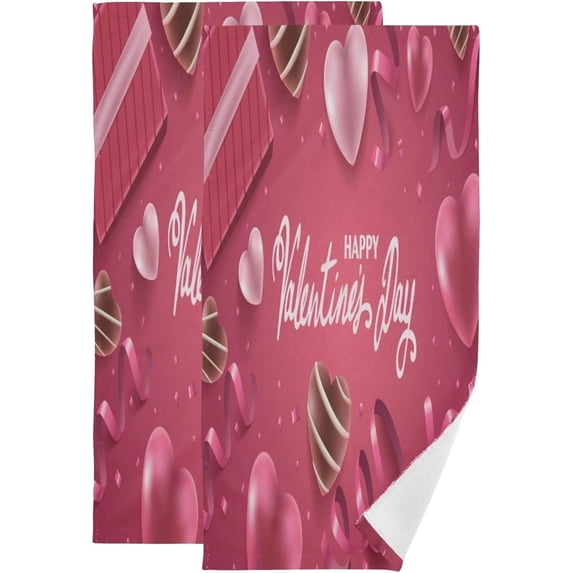 SKYSONIC 2 Pack Happy Valentines Day Heart Bath Hand Towels, Ultra Soft and Absorbent, Pink Box Chocolate Decorative Fingertip Face Towel for Home, Bathroom, Kitchen, 28.3"x14.4"