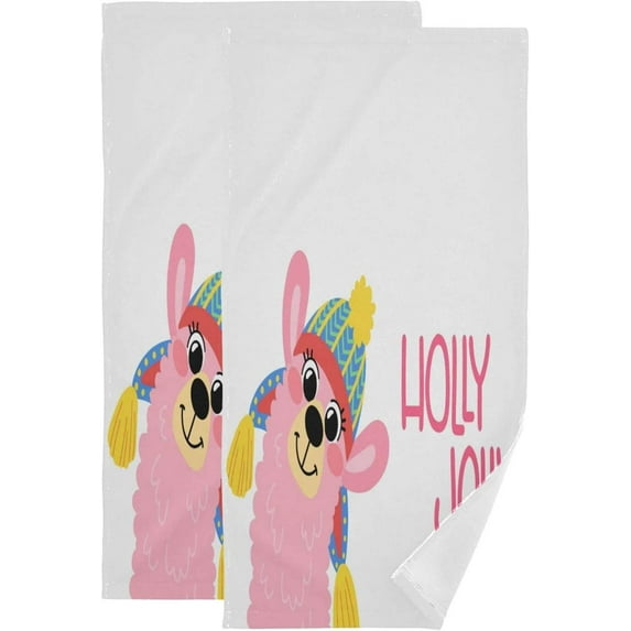 SKYSONIC 2 Pack Pink Funny Llama Hand Towels, Xmas Holly Jolly Kitchen Towel Ultra Soft and Absorbent,Decorative Fingertip Face Towel for Bathroom Hotel, 28.3"x 14.4"