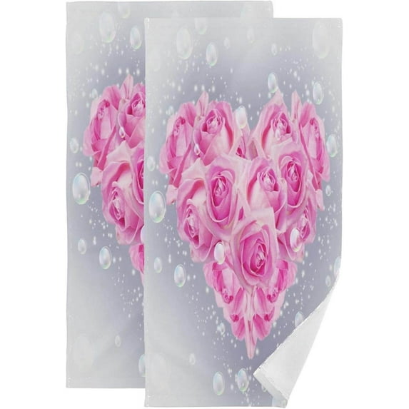 SKYSONIC 2 Pack Romantic Pink Heart Hand Towels for Bathroom, Valentine Bouquet Roses Kitchen Towel Ultra Soft and Absorbent Decorative Fingertip Face Bath Towels for Spa & Hotel, 28.3"x 14.4"