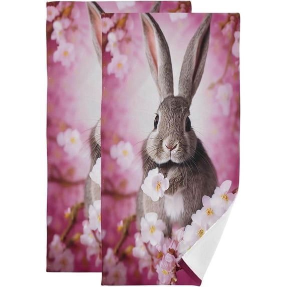 SKYSONIC 2 Pack Spring Flowers Fluffy Bunny Hand Towels, Easter Holiday Kitchen Towel Ultra Soft and Absorbent,Decorative Fingertip Face Towel for Bathroom Hotel, 28.3"x14.4"