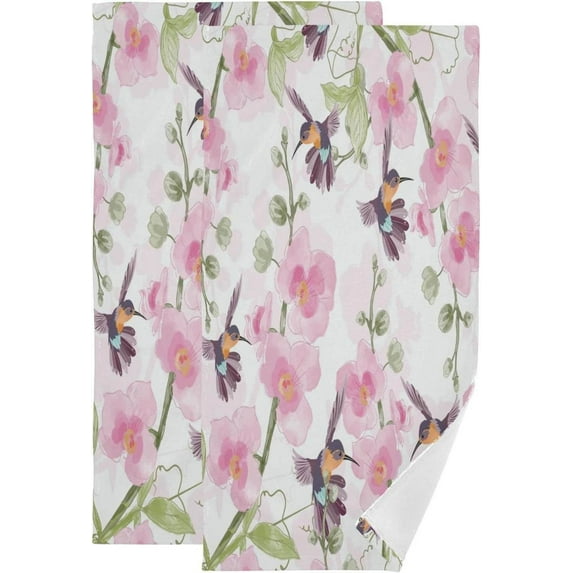 SKYSONIC 2 Pack Spring Hummingbirds Hand Towels, Pink Cherry Blossoms Kitchen Towel Ultra Soft and Absorbent,Decorative Fingertip Face Towel for Bathroom Hotel, 28.3"x 14.4"