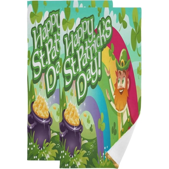 SKYSONIC 2 Pack St. Patrick's Leprechaun Hand Towels, Ultra Soft and Absorbent, Rainbow Gold Coin Decorative Fingertip Towel for Home, Bathroom, Kitchen, 28.3"x14.4"