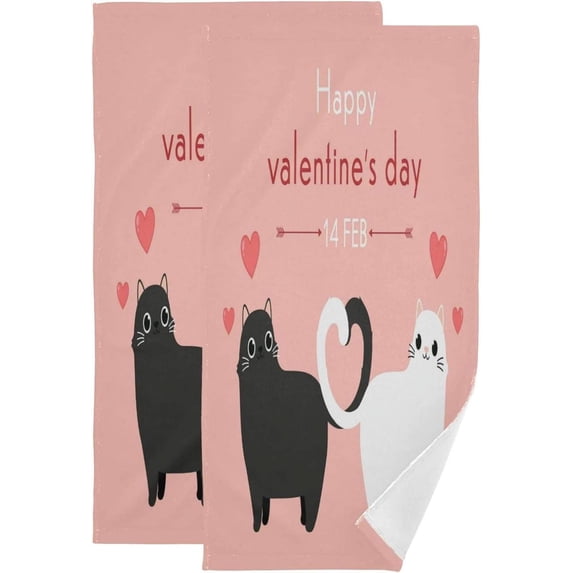 SKYSONIC 2 Pack Valentine's Cats Bath Hand Towels, Ultra Soft and Absorbent, Cute Decorative Fingertip Face Towel for Home, Bathroom, Kitchen, 28.3"x14.4"