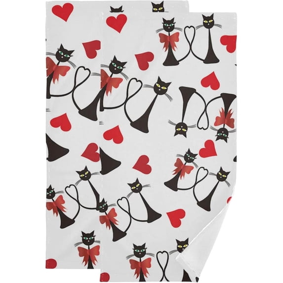 SKYSONIC 2 Pack Valentine's Day Bath Hand Towels, Ultra Soft and Absorbent, with Cats and Hearts Decorative Fingertip Face Towel for Home, Bathroom, Kitchen, 28.3"x14.4"