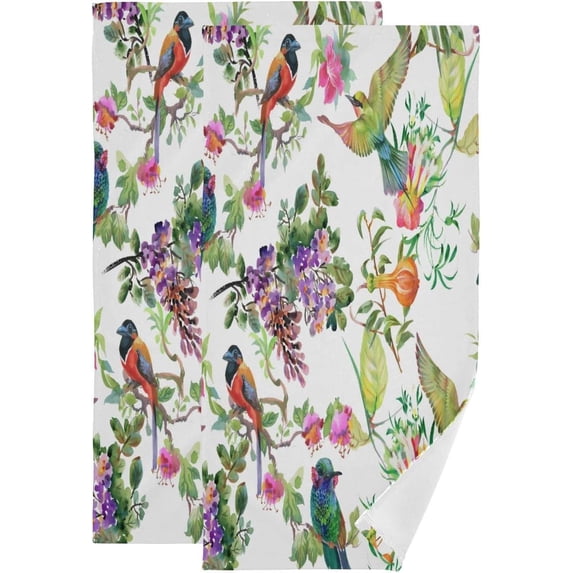 SKYSONIC 2 Pack Watercolor Birds Spring Flower Hand Towels, Tropical Leaf Parrot Kitchen Towel Ultra Soft and Absorbent,Decorative Fingertip Face Towel for Bathroom Hotel, 28.3"x 14.4"