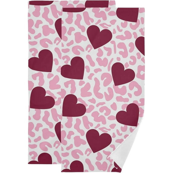 SKYSONIC 2 Pack Watercolor Hearts Pink Leopard Hand Towels, Valentine Kitchen Towel Ultra Soft and Absorbent,Decorative Fingertip Face Towel for Bathroom Hotel, 28.3"x14.4"
