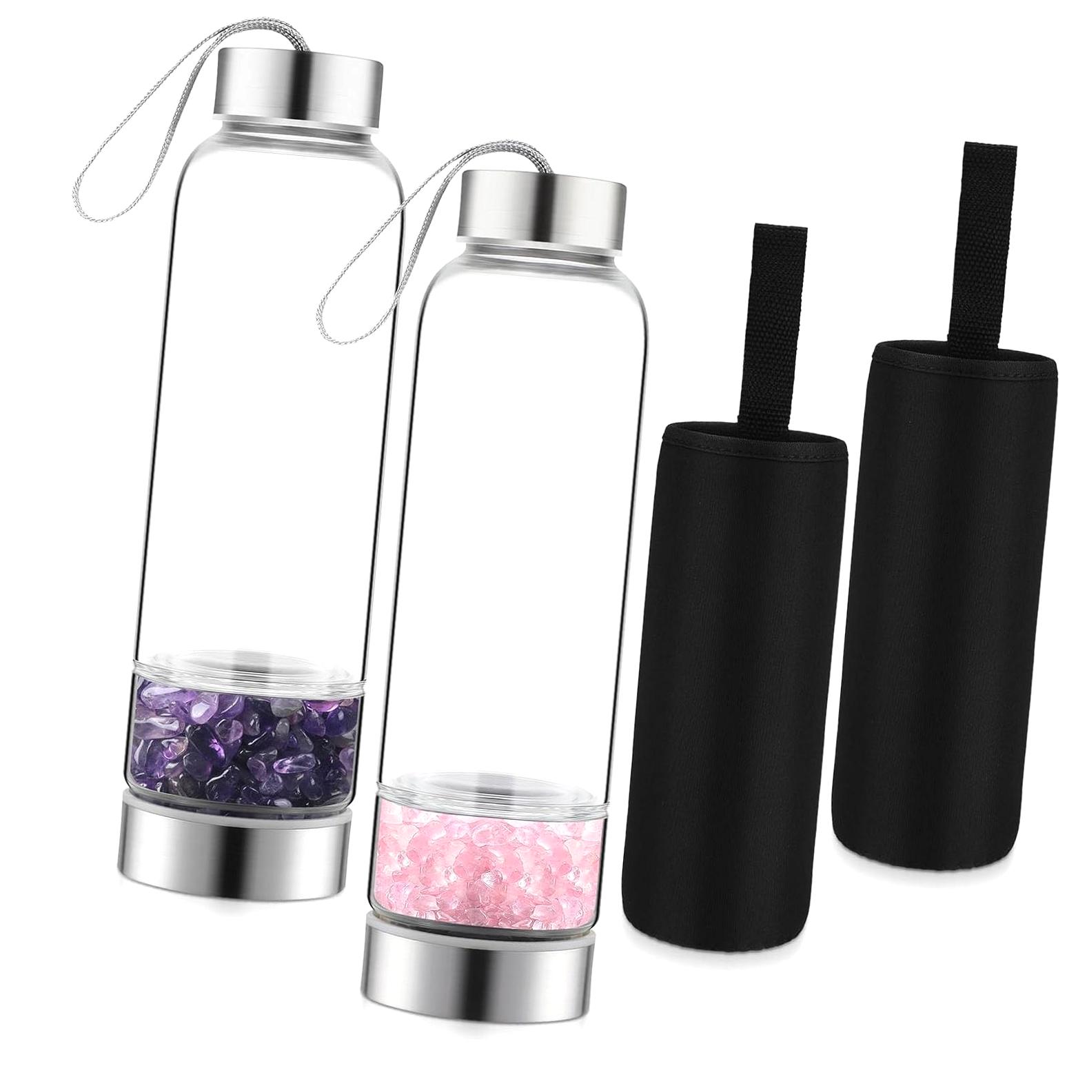 SKYSONIC 2-Piece Crystal Glass Water Bottle Set with Natural Amethyst and Rose Quartz, Energy Cup for Healing and Wellness