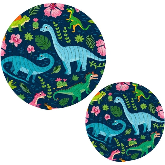 SKYSONIC 2 Pieces Cartoon Dinosaurs Pot Holders Set, Trivet Tropical Leaves Flowers Hot Pads Potholder Cotton for Kitchen Weave Pot Mat Cooking Baking Decor Home