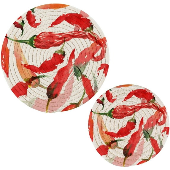 SKYSONIC 2 Pieces Chili Peppers Watercolor Pot Holders Set, Trivet Hot Pads Potholder Cotton for Kitchen Weave Pot Mat Cooking Baking Decor Home