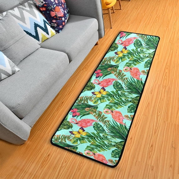 SKYSONIC 2'X6' Banana Palm Leaves Runner Rug with Rubber Backing, Butterfly Tropical Flamingos Non Slip Entryway Rug Runner Washable Soft Area Rug Carpet for Hallway Bedroom Kitchen Decor
