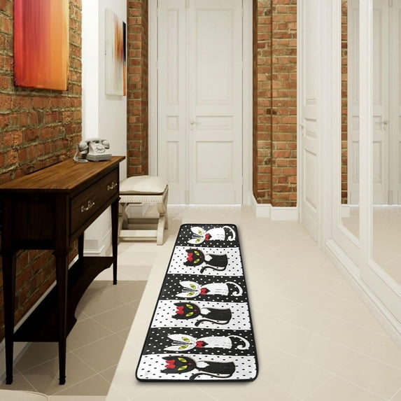 SKYSONIC 2'X6' Black White Cat Runner Rug with Rubber Backing, Valentines Lover Non Slip Entryway Rug Runner Washable Soft Area Rug Carpet for Hallway Bedroom Kitchen Decor
