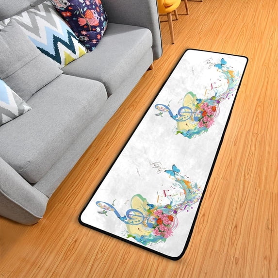 SKYSONIC 2'X6' Blue Flower Music Note Runner Rug with Rubber Backing, Spring Floral Non Slip Entryway Rug Runner Washable Soft Area Rug Carpet for Hallway Bedroom Kitchen Decor