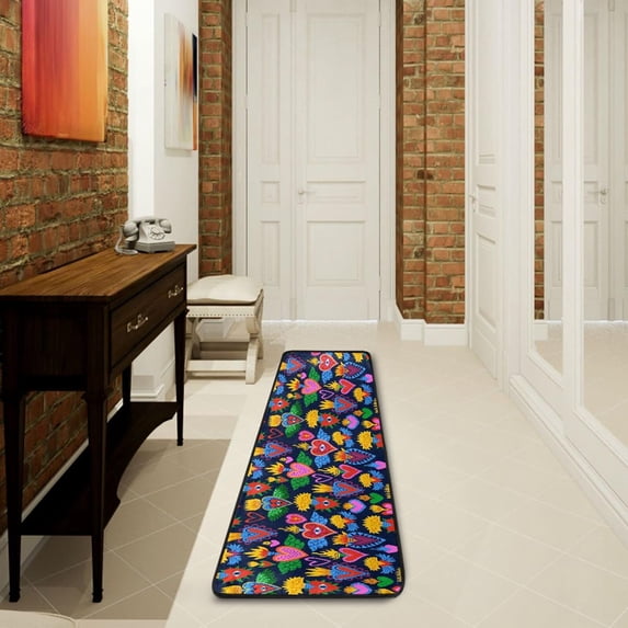 SKYSONIC 2'X6' Colorful Ethnic Hearts Runner Rug with Rubber Backing, Happy Valentine Day Non Slip Entryway Rug Runner Washable Soft Area Rug Carpet for Hallway Bedroom Kitchen Decor