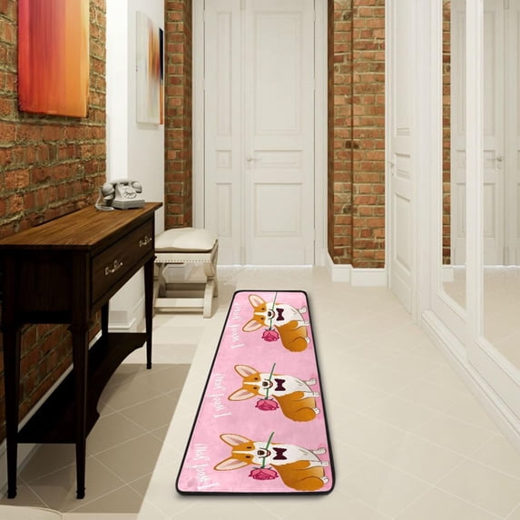SKYSONIC 2'X6' Corgi Dog Rose Flower Runner Rug with Rubber Backing, Valentine I Woof You Non Slip Entryway Rug Runner Washable Soft Area Rug Carpet for Hallway Bedroom Kitchen Decor
