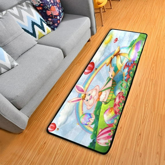SKYSONIC 2'X6' Easter Rabbit Balloon Runner Rug with Rubber Backing, Cartoon Egg Rainbow Non Slip Entryway Rug Runner Washable Soft Area Rug Carpet for Hallway Bedroom Kitchen Decor