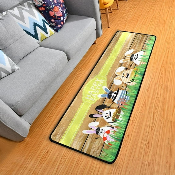 SKYSONIC 2'X6' Funny Easter Eggs Runner Rug with Rubber Backing, Spring Bunny Wood Non Slip Entryway Rug Runner Washable Soft Area Rug Carpet for Hallway Bedroom Kitchen Decor