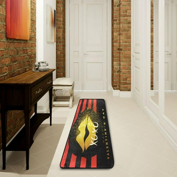 SKYSONIC 2'X6' Gold XOXO Lip Runner Rug with Rubber Backing, Happy Valentine's Day Non Slip Entryway Rug Runner Washable Soft Area Rug Carpet for Hallway Bedroom Kitchen Decor
