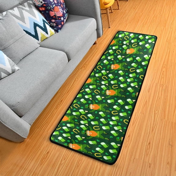 SKYSONIC 2'X6' Green Elf Beer Runner Rug with Rubber Backing, Happy St.Patrick's Day Non Slip Entryway Rug Runner Washable Soft Area Rug Carpet for Hallway Bedroom Kitchen Decor