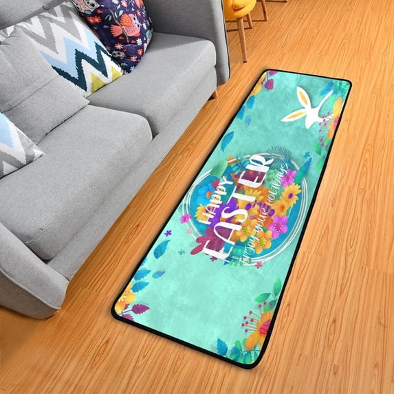 SKYSONIC 2'X6' Happy Easter Bunny Runner Rug with Rubber Backing, Spring Flowers Colorful Non Slip Entryway Rug Runner Washable Soft Area Rug Carpet for Hallway Bedroom Kitchen Decor
