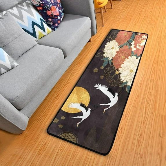 SKYSONIC 2'X6' Luxury Gold Floral Crane Runner Rug with Rubber Backing, Oriental Style Non Slip Entryway Rug Runner Washable Soft Area Rug Carpet for Hallway Bedroom Kitchen Decor