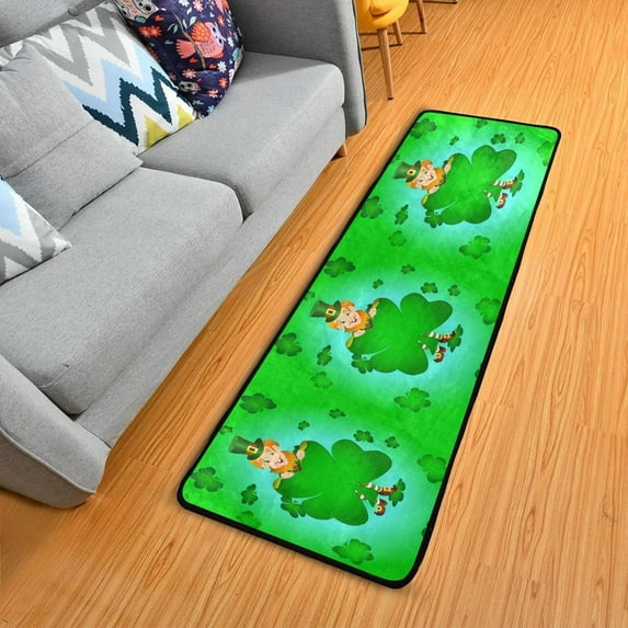 SKYSONIC 2'X6' Patrick Leprechaun Clover Runner Rug with Rubber Backing, Non Slip Entryway Rug Runner Washable Soft Area Rug Carpet for Hallway Bedroom Kitchen Decor