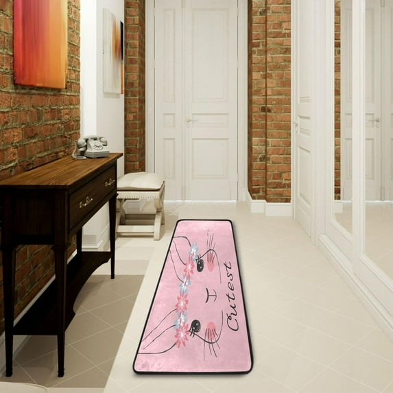 SKYSONIC 2'X6' Pink Floral Rabbit Runner Rug with Rubber Backing, Easter Bunny Non Slip Entryway Rug Runner Washable Soft Area Rug Carpet for Hallway Bedroom Kitchen Decor