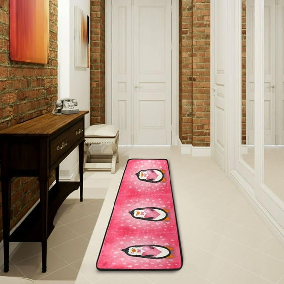 SKYSONIC 2'X6' Pink Heart Penguin Runner Rug with Rubber Backing, Happy Valentines Non Slip Entryway Rug Runner Washable Soft Area Rug Carpet for Hallway Bedroom Kitchen Decor