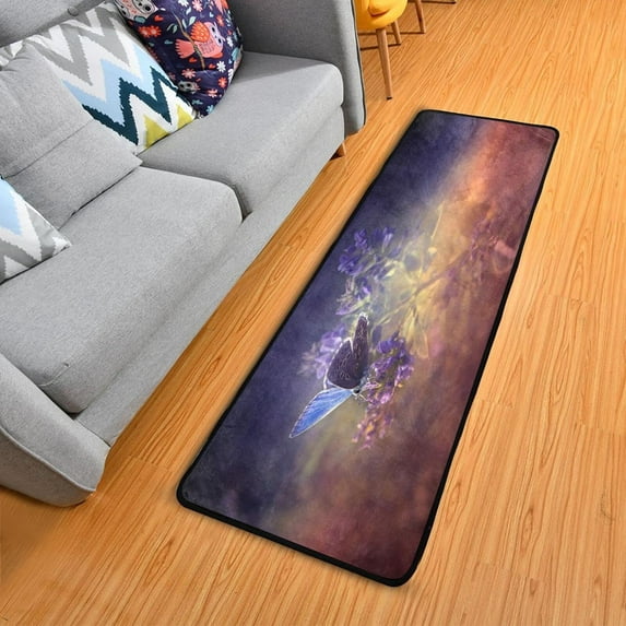 SKYSONIC 2'X6' Purple Butterfly Spring Runner Rug with Rubber Backing, Wild Flowers Non Slip Entryway Rug Runner Washable Soft Area Rug Carpet for Hallway Bedroom Kitchen Decor