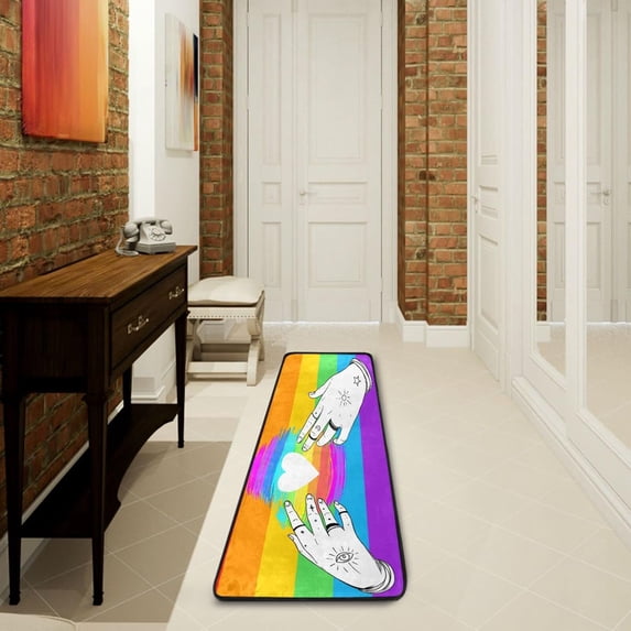 SKYSONIC 2'X6' Rainbow Colored Heart Runner Rug with Rubber Backing, Valentine LGBT Pride Non Slip Entryway Rug Runner Washable Soft Area Rug Carpet for Hallway Bedroom Kitchen Decor