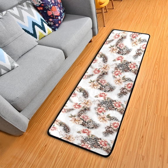 SKYSONIC 2'X6' Spring Leopard Flowers Runner Rug with Rubber Backing, Non Slip Entryway Rug Runner Washable Soft Area Rug Carpet for Hallway Bedroom Kitchen Decor