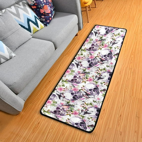 SKYSONIC 2'X6' Spring Skulls Flowers Runner Rug with Rubber Backing, Watercolor Hummingbirds Non Slip Entryway Rug Runner Washable Soft Area Rug Carpet for Hallway Bedroom Kitchen Decor