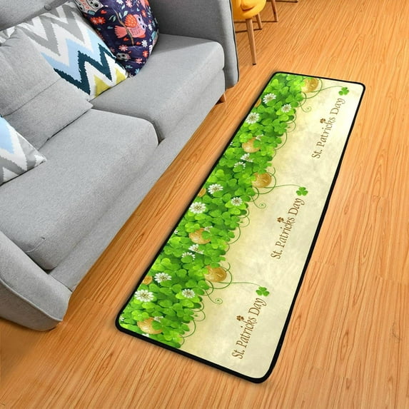 SKYSONIC 2'X6' St Patrick Shamrock Runner Rug with Rubber Backing, Golden Coins Clovers Non Slip Entryway Rug Runner Washable Soft Area Rug Carpet for Hallway Bedroom Kitchen Decor