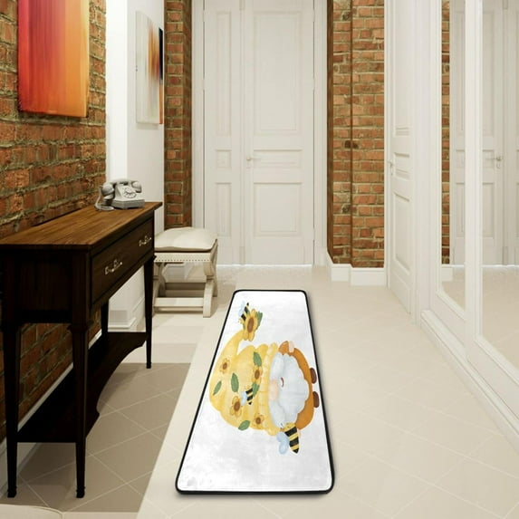 SKYSONIC 2'X6' Summer Bee Gnome Runner Rug with Rubber Backing, Watercolor Cute Non Slip Entryway Rug Runner Washable Soft Area Rug Carpet for Hallway Bedroom Kitchen Decor